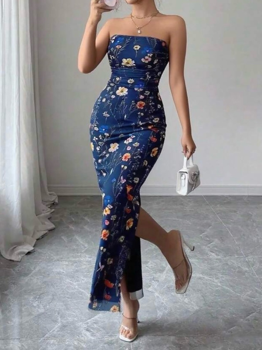 Navy Floral Strapless Maxi Dress - Sleek Fitted Silhouette